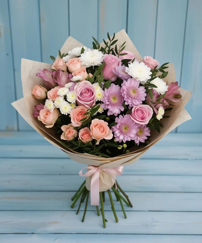 Букет цветов из: Хризантемы, Розы и Альстромерии в Ильинской