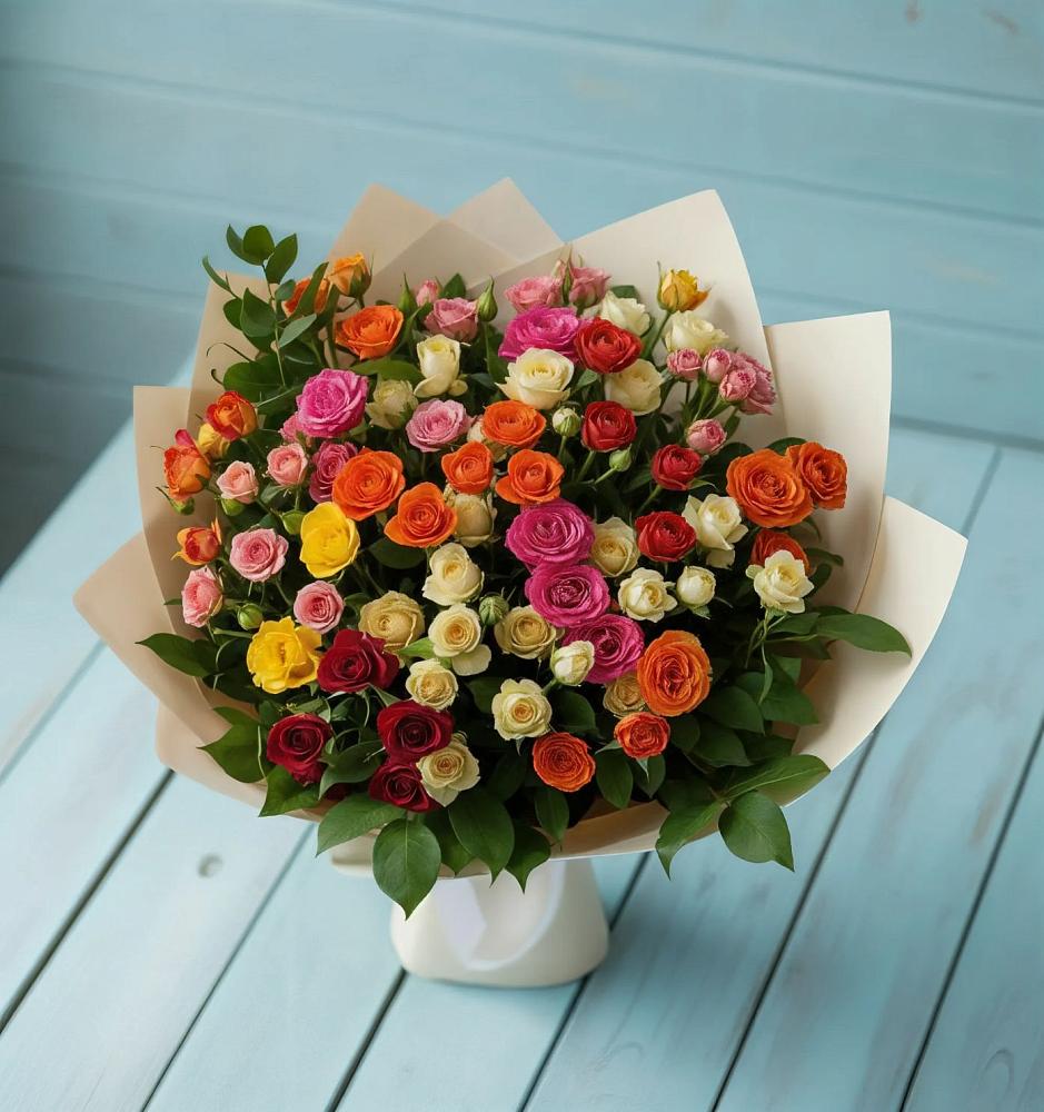 Букет Микс из разноцветных кустовых роз в Ильинской