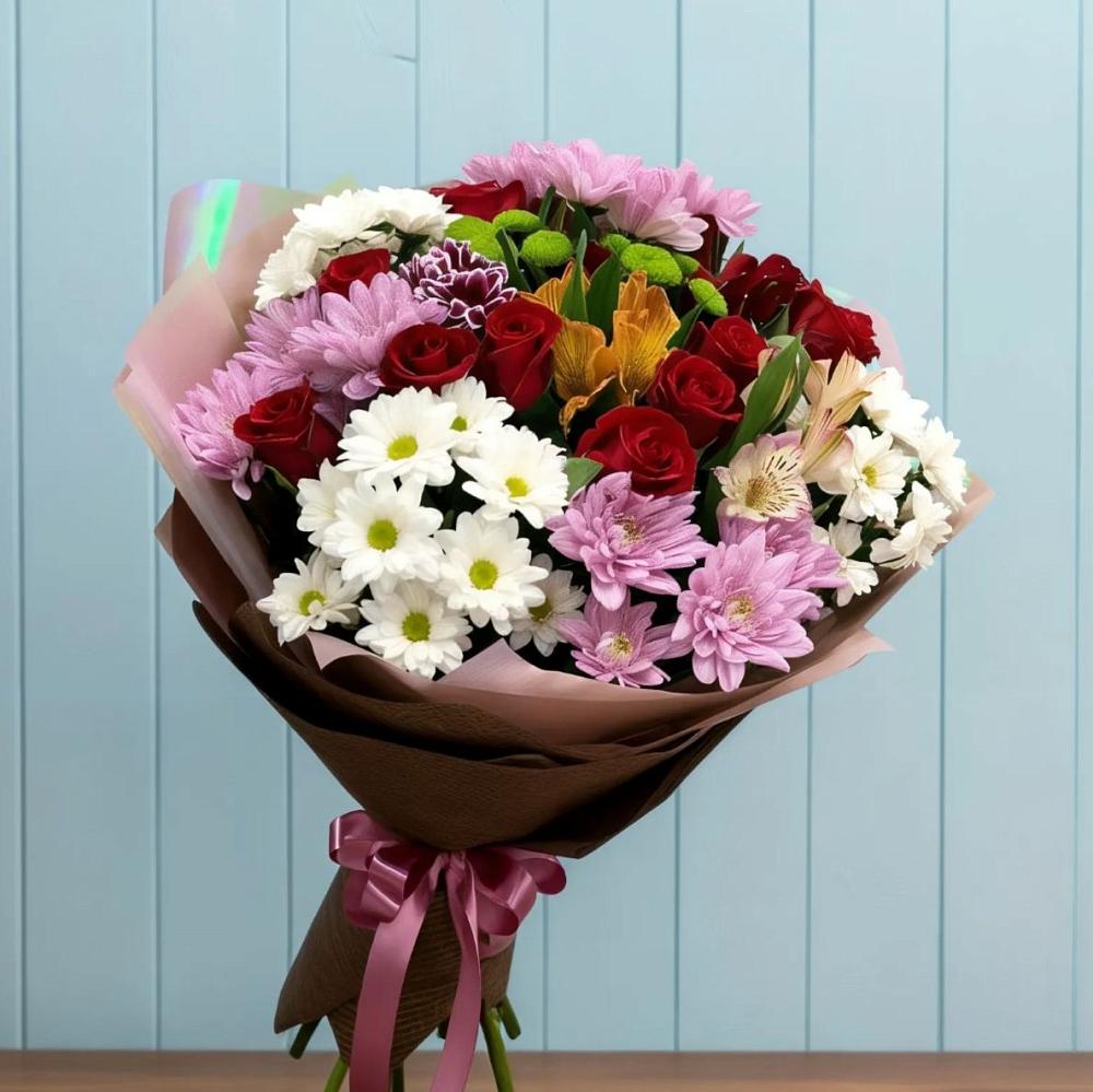 Букет цветов из: Розы, Хризантемы и Альстромерии в Ильинской