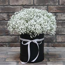 Цветочная композиция из Гипсофила в шляпной коробке в Ильинской