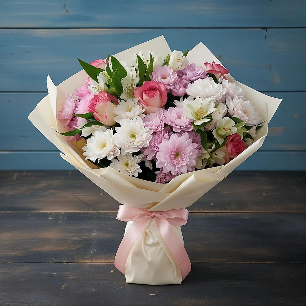 Букет цветов из: Хризантемы, Альстромерии и Розы в Ильинской